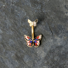Load image into Gallery viewer, Gold Tone Colorful Butterfly Pair Red Blue Double Mount Belly Ring

