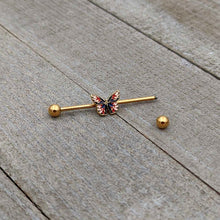 Load image into Gallery viewer, 14G Gold Tone Red Blue Pink Butterfly Industrial Barbell 38mm
