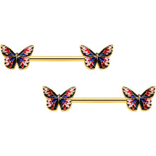 Load image into Gallery viewer, 14G 5/8 Gold Tone Pink Blue Red Butterfly Barbell Nipple Ring Set
