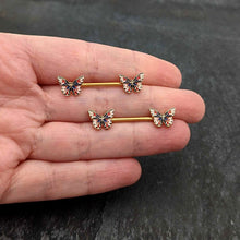 Load image into Gallery viewer, 14G 5/8 Gold Tone Pink Blue Red Butterfly Barbell Nipple Ring Set
