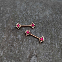 Load image into Gallery viewer, 14G 9/16 Red Gem Rosy Tone Octogram Star Barbell Nipple Ring Set
