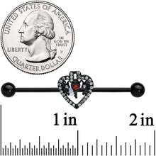 Load image into Gallery viewer, 14G Clear Red Gem Black Key Heart Industrial Barbell 38mm
