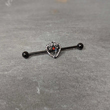 Load image into Gallery viewer, 14G Clear Red Gem Black Key Heart Industrial Barbell 38mm
