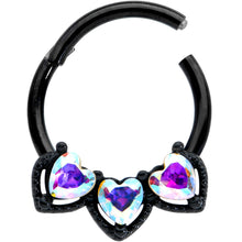 Load image into Gallery viewer, 16G 3/8 Aurora Gem Black Rococo Trio Heart Hinged Segment Ring
