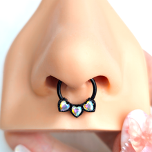 Load image into Gallery viewer, 16G 3/8 Aurora Gem Black Rococo Trio Heart Hinged Segment Ring
