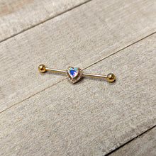 Load image into Gallery viewer, 14G Aurora Gem Gold Hue Rococo Heart Industrial Barbell 38mm
