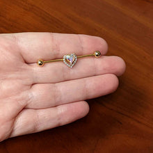 Load image into Gallery viewer, 14G Aurora Gem Gold Hue Rococo Heart Industrial Barbell 38mm
