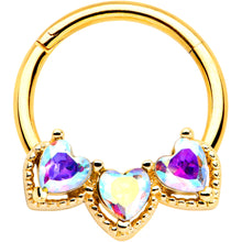 Load image into Gallery viewer, 16G 3/8 Aurora Gem Gold Hue Rococo Trio Heart Hinged Segment Ring
