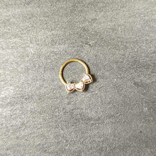 Load image into Gallery viewer, 16G 3/8 Aurora Gem Gold Hue Rococo Trio Heart Hinged Segment Ring
