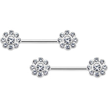 Load image into Gallery viewer, 14G 9/16 Clear Gem Whimsy Flower Barbell Nipple Ring Set
