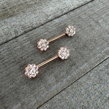 Load image into Gallery viewer, 14G 9/16 Clear Gem Rosy Tone Whimsy Flower Barbell Nipple Ring Set
