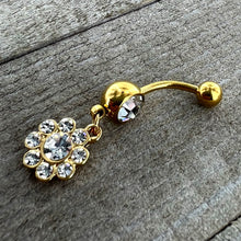 Load image into Gallery viewer, Clear Gem Gold Tone Whimsy Flower Dangle Belly Ring

