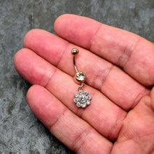 Load image into Gallery viewer, Clear Gem Rose Gold Tone Whimsy Flower Dangle Belly Ring
