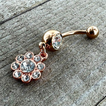 Load image into Gallery viewer, Clear Gem Rose Gold Tone Whimsy Flower Dangle Belly Ring
