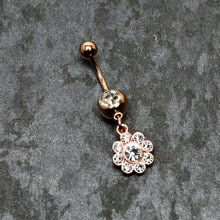 Load image into Gallery viewer, Clear Gem Rose Gold Tone Whimsy Flower Dangle Belly Ring
