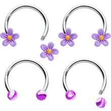 Load image into Gallery viewer, 16G 3/8 Purple Ball Flowers Horseshoe Circular Barbell Set of 4
