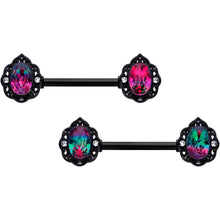 Load image into Gallery viewer, 14G 9/16 Purple Tourmaline Black Lacy Drop Barbell Nipple Ring Set
