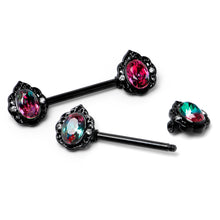 Load image into Gallery viewer, 14G 9/16 Purple Tourmaline Black Lacy Drop Barbell Nipple Ring Set
