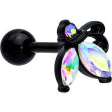 Load image into Gallery viewer, 16G 1/4 Aurora CZ Gem Black Fleur de Lis Butterfly Cartilage Tragus Earring
