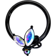 Load image into Gallery viewer, 16G 3/8 Aurora CZ Gem Black Fleur de Lis Butterfly Hinged Segment Ring
