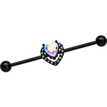 Load image into Gallery viewer, 14G Aurora Clear Gem Black Rococo Heart Industrial Barbell 38mm
