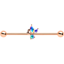 Load image into Gallery viewer, 14G Aurora CZ Gem Rosy Tone Fleur de Lis Butterfly Industrial Barbell 38mm
