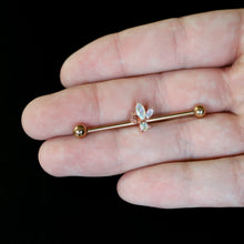 Load image into Gallery viewer, 14G Aurora CZ Gem Rosy Tone Fleur de Lis Butterfly Industrial Barbell 38mm
