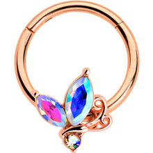 Load image into Gallery viewer, 16G 3/8 Aurora CZ Gem Rosy Tone Fleur de Lis Butterfly Hinged Segment Ring
