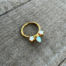 Load image into Gallery viewer, 16G 3/8 White Synthetic Opal Gold Tone Trio Point Hinged Segment Ring
