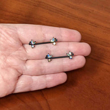 Load image into Gallery viewer, 14G 19mm Aurora CZ Gem Black Fleur de Lis Butterfly Barbell Nipple Ring Set
