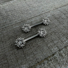 Load image into Gallery viewer, 14G 9/16 Clear Gem Rococo Starry Flower Barbell Nipple Ring Set
