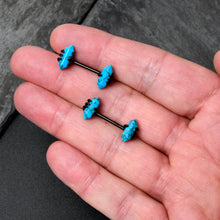 Load image into Gallery viewer, 14G 9/16 Blue Turquoise Black Claw Barbell Nipple Ring Set

