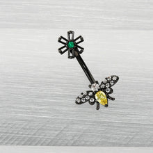 Load image into Gallery viewer, Yellow Clear Green Gem Black Butterfly Flower Double Mount Belly Ring
