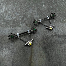 Load image into Gallery viewer, 14G 9/16 Yellow Gem Black Butterfly Chain Dangle Nipple Ring Set
