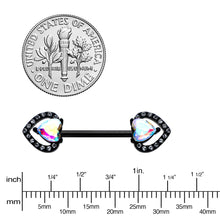 Load image into Gallery viewer, 14 G 9/16 Aurora Gem Black Rococo Heart Barbell Nipple Ring Set

