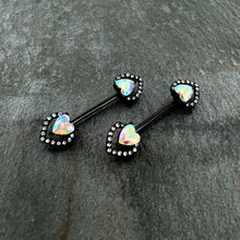 Load image into Gallery viewer, 14 G 9/16 Aurora Gem Black Rococo Heart Barbell Nipple Ring Set
