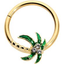 Load image into Gallery viewer, 16G 3/8 Clear Gem Gold Tone Palm Tree Style Hinged Segment Ring
