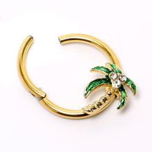 Load image into Gallery viewer, 16G 3/8 Clear Gem Gold Tone Palm Tree Style Hinged Segment Ring
