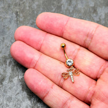 Load image into Gallery viewer, Clear Gem Gold Tone Flying Dragonfly Dangle Belly Ring
