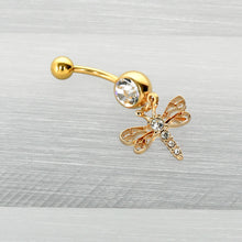 Load image into Gallery viewer, Clear Gem Gold Tone Flying Dragonfly Dangle Belly Ring
