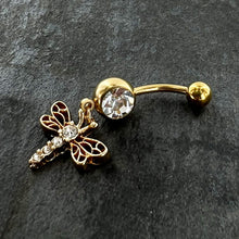 Load image into Gallery viewer, Clear Gem Gold Tone Flying Dragonfly Dangle Belly Ring
