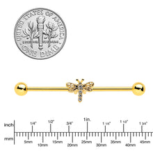 Load image into Gallery viewer, 14G Clear Gem Gold Tone Flying Dragonfly Industrial Barbell 38mm
