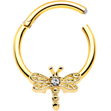 Load image into Gallery viewer, 16G 3/8 Clear Gem Gold Tone Flying Dragonfly Hinged Segment Ring
