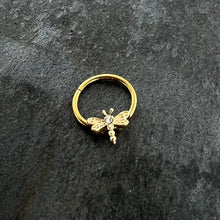 Load image into Gallery viewer, 16G 3/8 Clear Gem Gold Tone Flying Dragonfly Hinged Segment Ring
