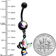 Load image into Gallery viewer, Aurora Gem Black Fleur de Lis Butterfly Dangle Belly Ring
