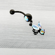Load image into Gallery viewer, Aurora Gem Black Fleur de Lis Butterfly Dangle Belly Ring
