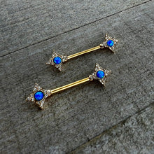 Load image into Gallery viewer, 14G 9/16 Blue Synthetic Opal Gold Tone Rhombus Nipple Ring Set
