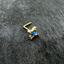 Load image into Gallery viewer, 20G 1/4 Blue Synthetic Opal Gold Hue Rhombus L Shape Nose Ring
