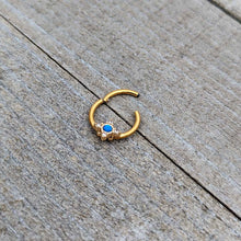 Load image into Gallery viewer, 16G 3/8 Blue Synthetic Opal Gold Hue Rhombus Hinged Segment Ring
