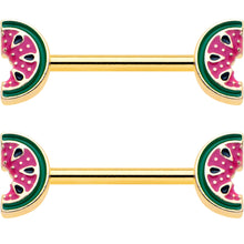 Load image into Gallery viewer, 14G 9/16 Gold Tone Watermelon Bite Barbell Nipple Ring Set
